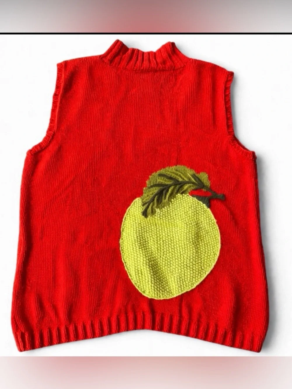 Vintage Fruit Knit Sweater Vest Lemon Pomelo Red Cottagecore Mock Neck Chunky LG - Picture 2 of 6
